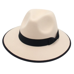 Elegant wide brim wool fedora hat in beige with black ribbon and contrast piping