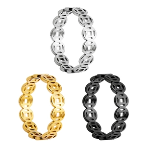 Three titanium steel rings with ancient coin design in gold, silver, and black colors