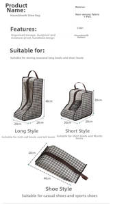 Size chart for houndstooth storage bags showing dimensions for long and short boots