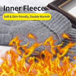 Thick grey knit gloves with warm fleece lining and touchscreen capability for men
