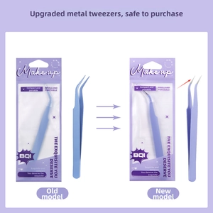 Detail showing deep blue and light purple eyelash tweezers with protective covers and packaging