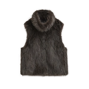 Women's faux fur high collar vest in dark brown, sleeveless winter waistcoat on white background