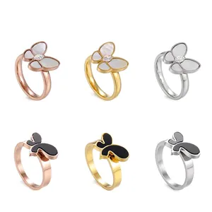 Butterfly Ring Stainless Steel Mother Of Artificial Pearl Inlaid Black Enamel Rhinestone Elegant Cute Trendy Jewelry For Women
