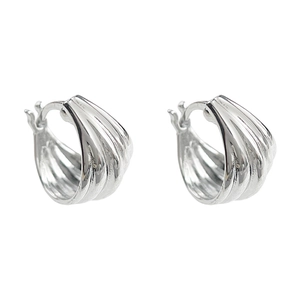 French retro style silver hoop earrings with a textured wavy pleated metal design