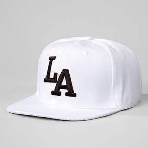 Classic white snapback hat with 3D black LA embroidery and adjustable flat brim design
