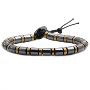 Mens beaded hematite bracelet with gray and gold beads and adjustable black drawstring