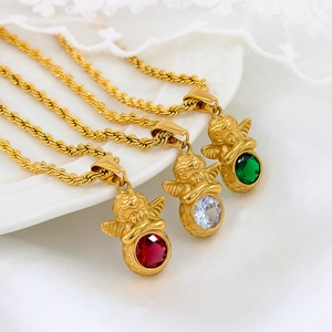 Golden angel pendant necklace with colorful zircon stones on twisted rope chain
