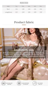 Detailed size chart and silk imitation robe with floral pattern in elegant bedroom
