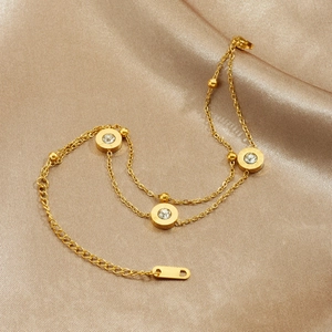 Bracelet double rang en acier inoxydable doré avec charme chiffres romains et cristaux