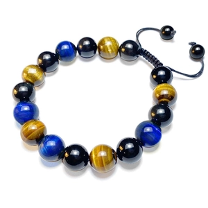 Bracelet Perles Pierre Oeil De Tigre Bleu Jaune Obsidienne Naturelle Corde Tressée Réglable Bijoux Faits Main