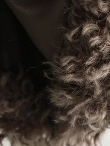 Macro detail of curly brown faux fur texture and matching smooth lining on winter coat