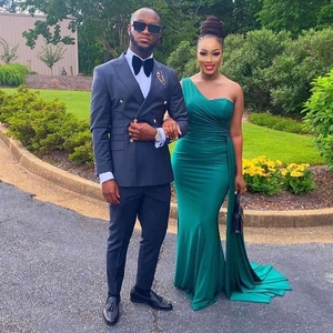 Elegant emerald green one-shoulder satin mermaid evening gown with side drape design