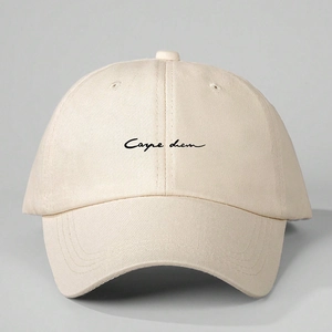 Classic beige cotton baseball cap with Carpe Diem black embroidery and adjustable strap