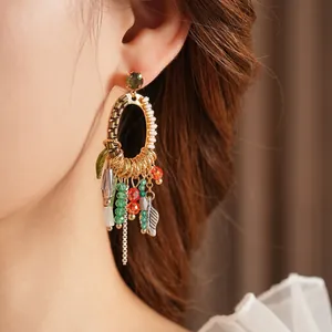 Vintage leaf chain tassel earrings with crystals and colorful beads for a boho chic look
