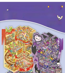 Detailed 2.5D isometric scenery stickers featuring ghost hotel and express delivery themes