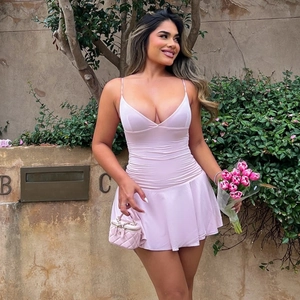 Sexy Mini Dress V Neck Spaghetti Strap Ruched Waist Ruffle Hem Pink Polyester Spandex Street Style For Women