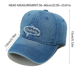 Blue denim baseball cap showing size dimensions for head circumference and brim length