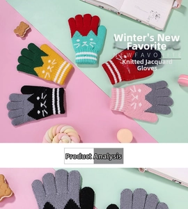 Macro detail of knit jacquard cat pattern on thick winter gloves for children