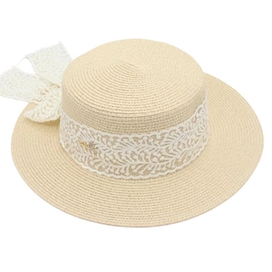 Gros plan d'un chapeau de paille beige avec ruban en dentelle blanche et noeud élégant