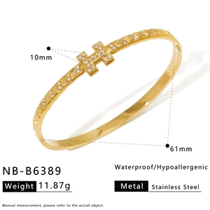 Waterproof gold stainless steel H-letter bangle with zircon inlays and 10mm width