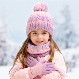Kinder Strickset aus Mütze Schal und Handschuhen mit Farbverlauf und warmem Fleecefutter