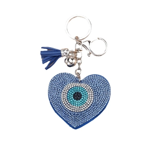 Sparkling Evil Eye heart keychain with blue rhinestones and matching silk tassel charm