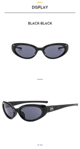 Front and 45-degree side view of black oval Y2K cycling sunglasses with metal logo