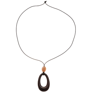 Minimalist resin and wood oval pendant necklace with amber bead on a black cord