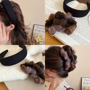 Padded Headband Flocked Plush Hair Claw Clip Black Fabric Acrylic Bow Knot Elegant Simple Versatile Winter Hair Accessory Women