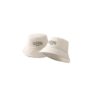 Beige cotton bucket hat with California West Coast text embroidery shown from two angles
