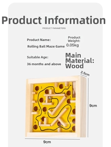 Detailed size chart showing 9cm x 9cm wooden maze toy dimensions and 0.05kg weight specs