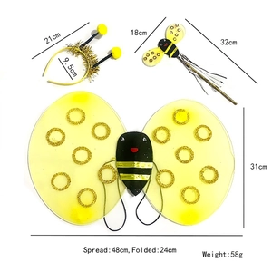 Detail of bee costume set for kids including yellow wings, wand and headband with dimensions