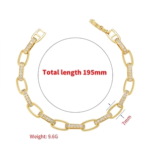 Gold plated Cuban link chain bracelet with micro paved cubic zirconia 195mm long