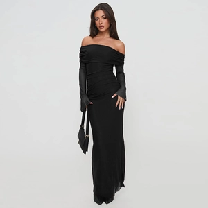 Elegant off-shoulder long sleeve mesh maxi dress in black with a slim fit silhouette