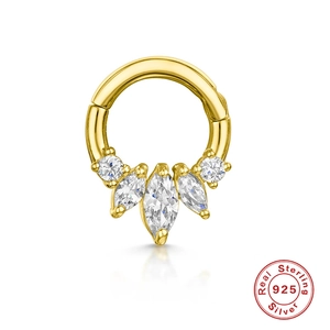 Anneau de nez en argent 925 doré avec motif floral en zircone de forme marquise