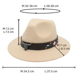 Tabla de tallas para sombrero fedora crema con cabeza de toro de metal y bordado floral