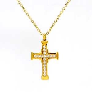 18K gold plated stainless steel cross necklace with shimmering zircon stones for couples