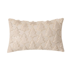 Cream pillow cover featuring textured plush Christmas trees and golden sequin outlines