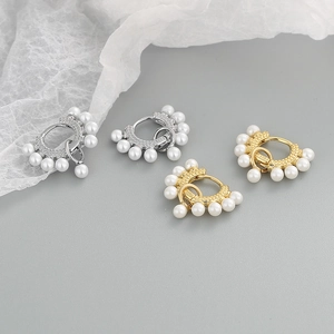 S925 sterling silver pearl hoop earrings with zircon accents in gold and silver finish