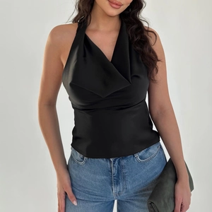 Halter Neck Top Satin Backless Cowl Neck Sleeveless Slim Fit Sexy Party Clubwear For Women