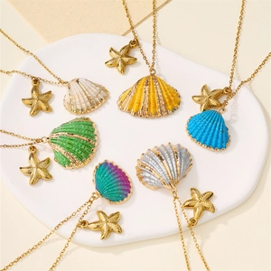 Stainless Steel Shell Pendant Necklace With Starfish Charm Summer Beach Ocean Vacation Style Fashion Jewelry For Women