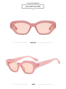 Front and side view of Y2K style jelly pink transparent sunglasses with a sleek frame