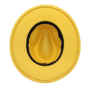 Top view of yellow wide-brimmed felt fedora hat showing internal sweatband and texture