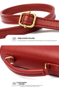 Detail of red leather bag showing golden adjustable buckle and comfortable top handle