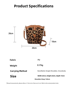 Detailed product specifications for leopard print PU leather bucket bag with dimensions