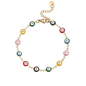 Detail of colorful Evil Eye enamel bracelet with golden chain and adjustable lobster clasp