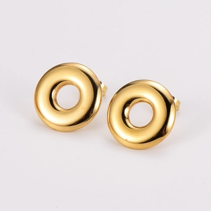Polished gold circular hollow stud earrings in minimalist stainless steel jewelry set