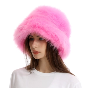Women Faux Fur Bucket Hat Thick Warm Winter Fluffy Solid Color Outdoor Stylish Soft Faux Fox Fur Hat