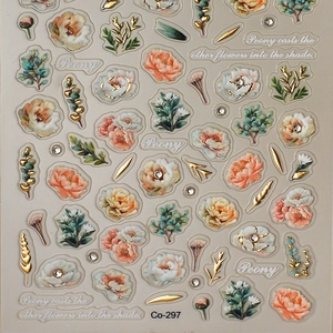 Stickers ongles pivoines gaufrés avec dorure à l'or et strass en cristal Co-297