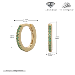 Detailed view of 925 sterling silver huggie earrings with green zircon and dimensions
